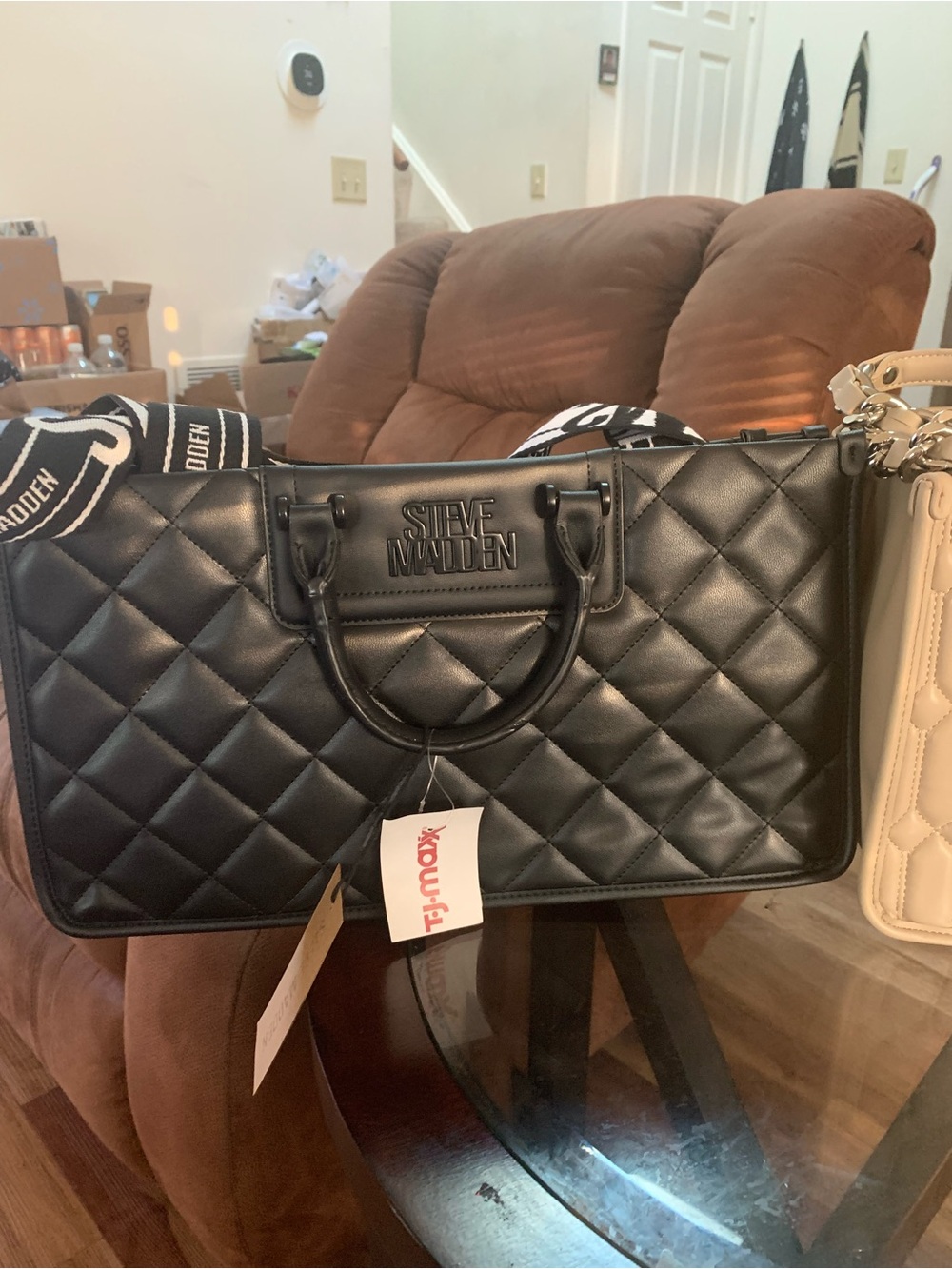 Steve Madden Black Quilted Tote with Detachable Logo Strap